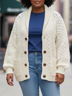 Vintage Gaeltarra Irish Ivory Fisherman’s Cable Knit Wool Cardigan Sweater XXL